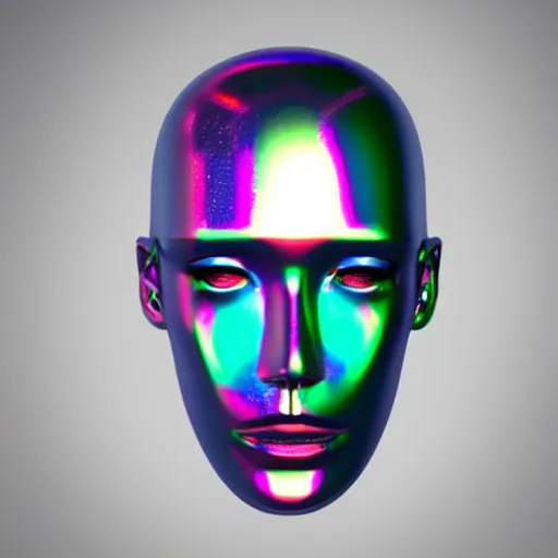 Image similar to 3d render of holographic human robotic head made of glossy iridescent, surrealistic 3d illustration of a human face non-binary, non binary model, 3d model human, cryengine, made of holographic texture, holographic material, holographic rainbow, concept of cyborg and artificial intelligence