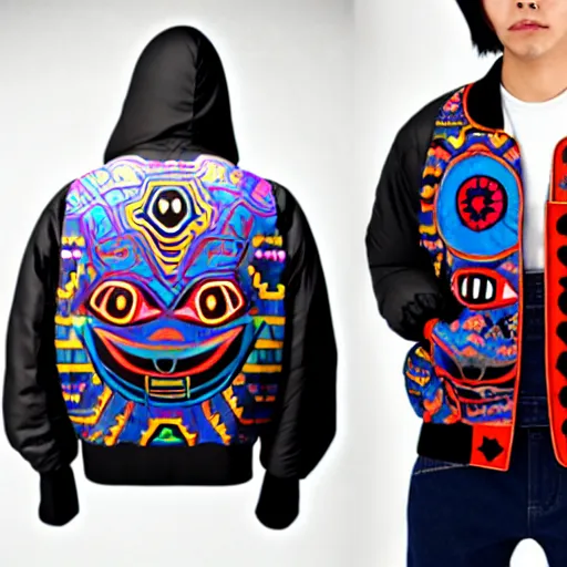 Image similar to majora majora's mask wearing oversized mayan bomber jacket with overalls, bulky poofy bomber jacket with mayan patterns, aztec street fashion, genshin impact art style, gapmoe yandere grimdark, trending on pixiv fanbox, painted by greg rutkowski makoto shinkai takashi takeuchi studio ghibli, akihiko yoshida