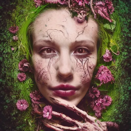 Image similar to a beautiful detailed front view portrait of a rotten woman corpse with plants and fractal flowers growing around, volumetric light, beautiful lit, polaroid photography