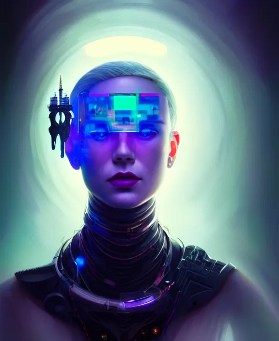 Image similar to a whirlwind inside the metaverse, male, hologram, half body, neurochip, shaved temple, piercing, jewelry, android, cyborg, cyberpunk face, by loish, d & d, fantasy, intricate, elegant, highly detailed, colorful, digital painting, artstation, concept art, art by artgerm and greg rutkowski and alphonse mucha