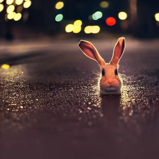 Prompt: lone rabbit in the middle of a street during a rainy night, lights, focused photo, low field of view, album cover