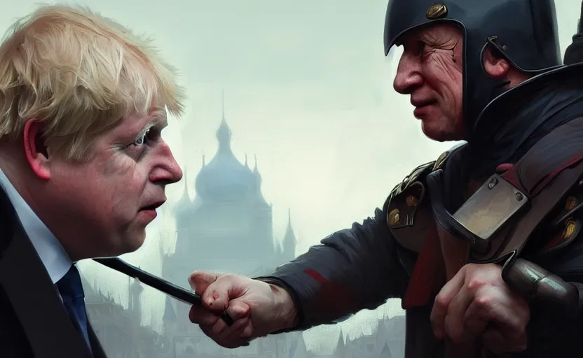 Image similar to Boris Johnson vs Vladimir Putin, face to face staring, civil war style, highly detailed, digital painting, artstation, concept art, smooth, sharp focus, illustration, cinematic lighting, art by artgerm and greg rutkowski and alphonse mucha