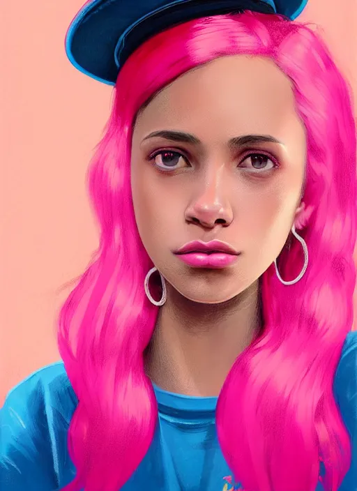 Image similar to portrait of teenage vanessa morgan with bright pink hair, black girl, curly pixie cut hair, wearing newsboy cap, pink short haircut, newsboy cap, hoop earrings, blue eyes, intricate, elegant, glowing lights, highly detailed, digital painting, artstation, concept art, smooth, sharp focus, illustration, art by wlop, mars ravelo and greg rutkowski