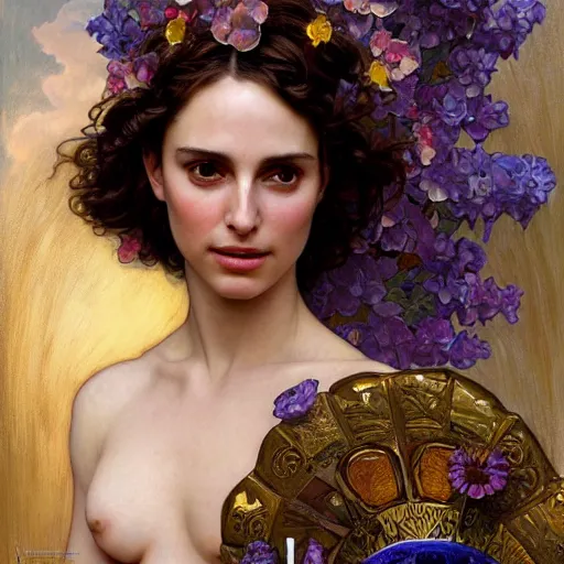 Image similar to Masterpiece painting of Nathalie portman as a Venus drawn by Donato Giancola and Tom Bagshaw, face by Artgerm and Edmund Leighton, Alphonse Mucha, background by James Jean and Gustav Klimt, 4k, partial robotic body, volumetric Lighting, porcelain skin, komorebi, french nouveau, trending on pixiv