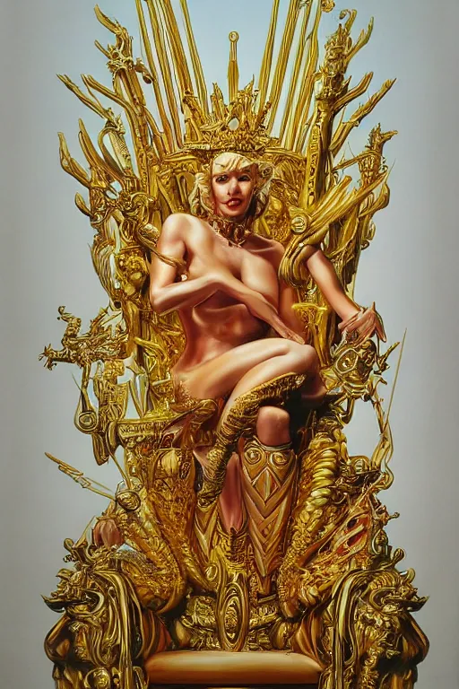 Image similar to airbrush painting of an amazing golden queen seated over a fantasy throne, by hajime sorayama and boris vallejo, realistic, hyperdetailed, centered, magic, trending on artstation,