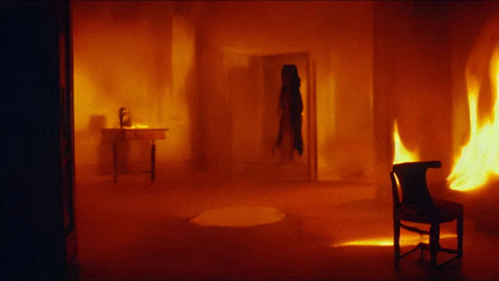 Image similar to the strange creature in the closet, made of fire and wax, film still from the movie directed by Denis Villeneuve with art direction by Salvador Dalí, wide lens