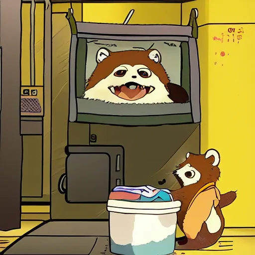 Image similar to Tanuki doing his laundry in the style of Hayao Miyazaki