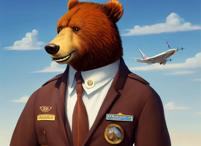 Image similar to character portrait feature of the anthro male anthropomorphic kamchatka brown bear fursona wearing airline pilot outfit uniform professional pilot for delta airlines character design stylized by charlie bowater, ross tran, artgerm, and makoto shinkai, detailed, soft lighting, rendered in octane