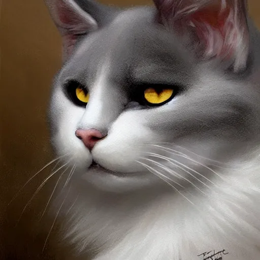 Prompt: a big dark old menacing, yellow eyed, grey cat with white belly, white paws and white face markings with long fur and fluffy tail sitting, intricate, elegant, highly detailed, digital painting, artstation, concept art, matte, sharp focus, illustration, art by Artgerm and Greg Rutkowski and Alphonse Mucha