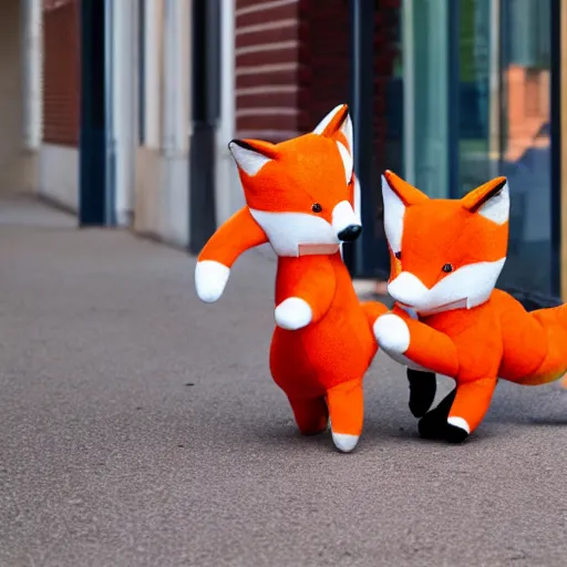 Image similar to Two fox plushies playfully wrestling on the sidewalk, dynamic, motion blur, 1/4 shutter speed, award winning photography