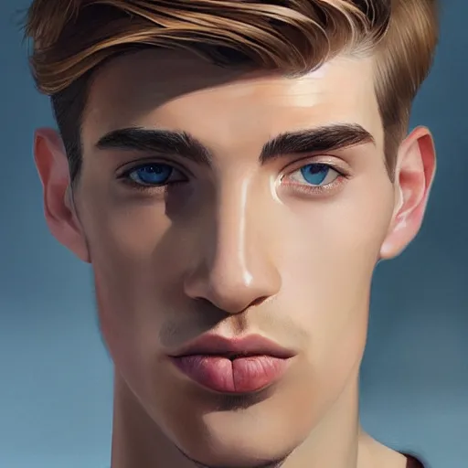 Image similar to man in his twenties with brown blond short quiff hair and thin slightly round facial structure with cleft chin, straight eyebrows and prominent nose, good definition of cheekbones, big hazel nut brown eyes, narrow face, slim body, atmospheric lighting, painted, intricate, 4k, highly detailed by Charlie Bowater