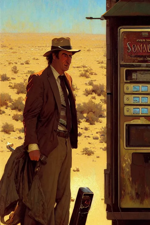 Image similar to saul goodman at a lonely!!!! pay phone in the desert!!!!, painting by'phil hale '!!! gaston bussiere, craig mullins, greg rutkowski, alphonse mucha, lady liberty