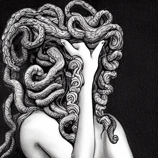 Image similar to sad medusa, chiaroscuro, theatrical, dramatic lighting