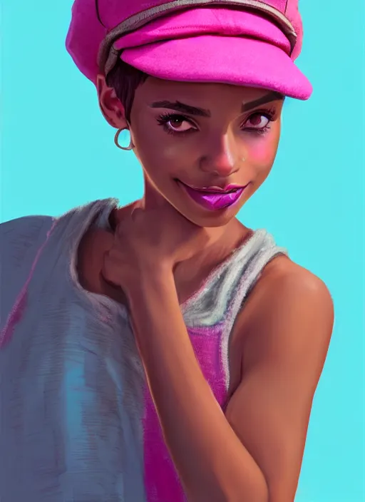 Image similar to portrait of teenage vanessa morgan with bright pink hair, black girl, curly pixie cut hair, wearing newsboy cap, pink short haircut, newsboy cap, hoop earrings, blue eyes, intricate, elegant, glowing lights, highly detailed, digital painting, artstation, concept art, smooth, sharp focus, illustration, art by wlop, mars ravelo and greg rutkowski