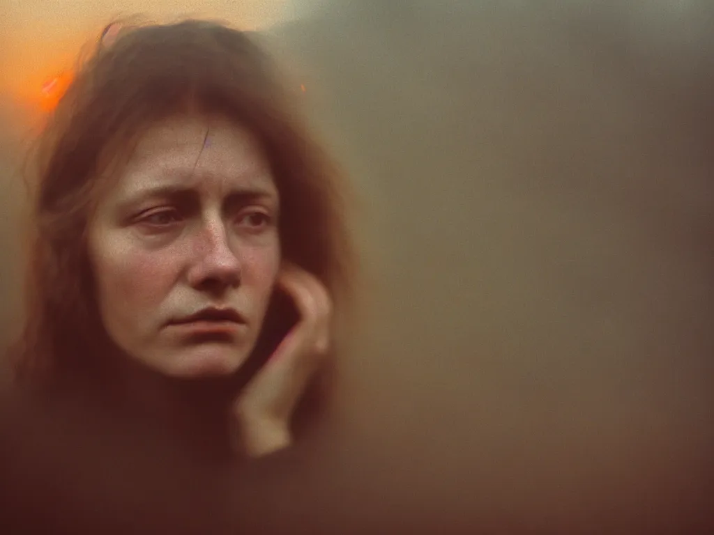 Image similar to close up portrait bust of woman, solemn expression, faded color film, russian cinema, tarkovsky, kodachrome, heavy forest, wood cabin in distance, deep depth of field, long brown hair, old clothing, heavy fog, atmospheric haze, brown color palette, sunset, low light, hudson river school, 4 k, dramatic lighting