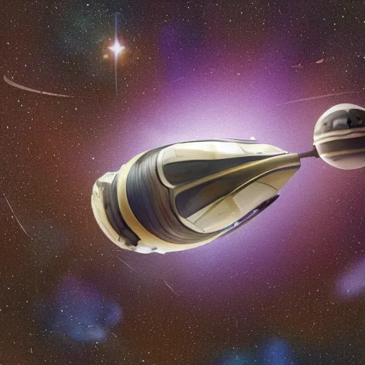 Prompt: a spaceship in the shape of a snail flying through space