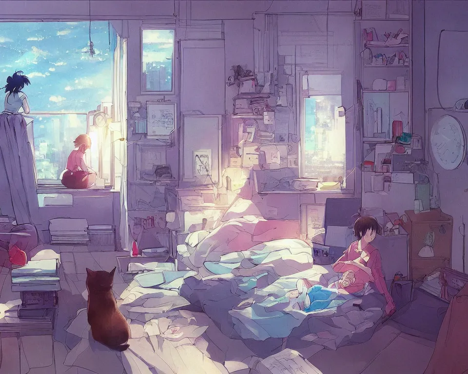 Prompt: beautiful illustration of one female and her cat in her small studio apartment, there is a window which looks out to a futuristic city at night, anime manga style, aesthetic, scene from the movie'your name ', makoto shinkai