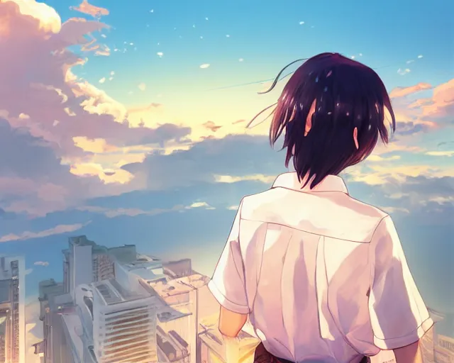 Image similar to teen looking at the sunset, wearing white collared shirt, back turned, looking up, illustration, by pine ( ハイネ ) and 薯 子 imoko and 香 川 悠 作 and wlop and maya takamura, highly detailed, trending artstation, pixiv, digital art