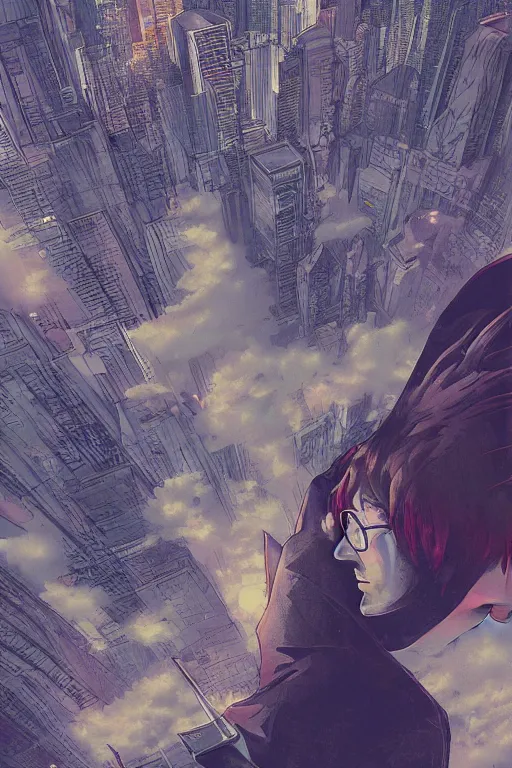 Prompt: concept art painting of a guy with wings flying over city, ground view, moody vibe, moody lighting, artgerm, moebius, inio asano, toon shading, cel shading, calm, tranquil, vaporwave colors,