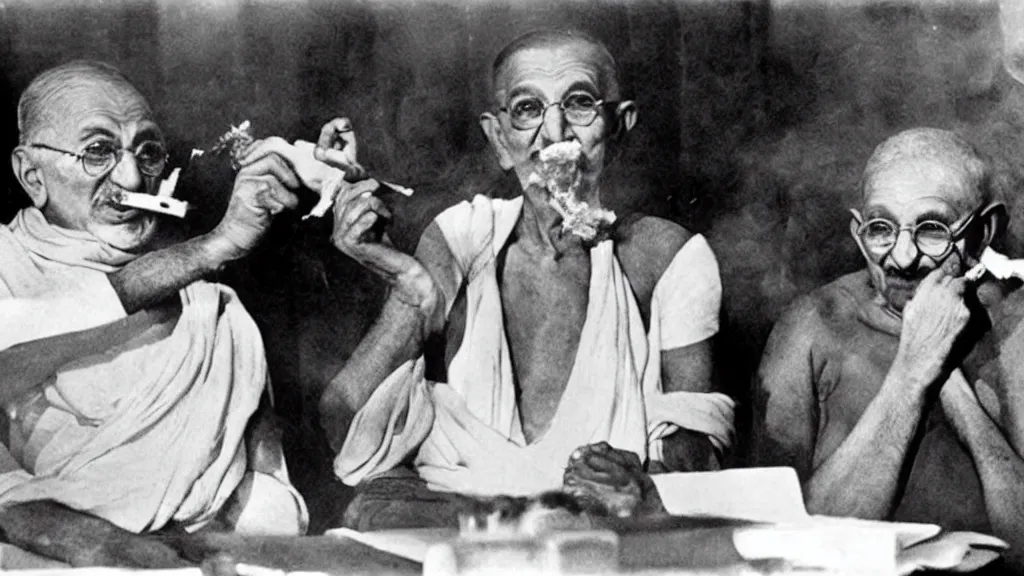 Prompt: gandhi smoking infront of press in a conference, historic old photograph