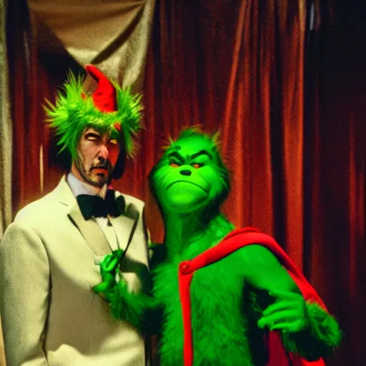 Image similar to keanu reeves cosplaying as the grinch, keanu reeves wearing a grinch costume, cosplay award winner