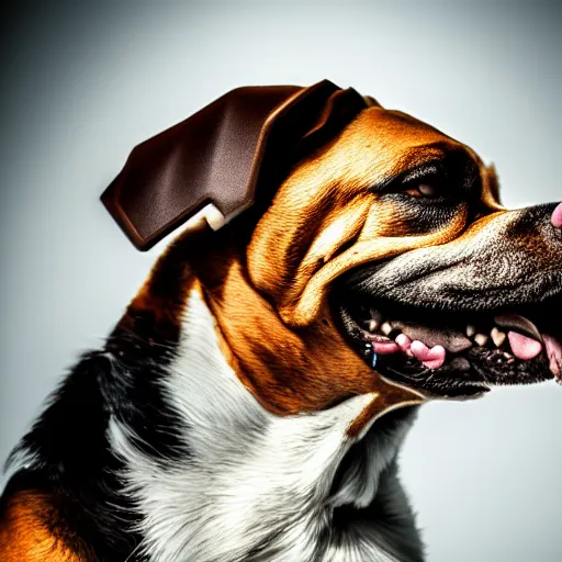 Image similar to a dog man mutant holding a pistol pointed at the viewer,depth of field,focus on the pistol,hyperdetailed,hyperrealistic,realistic,studio lighting,professional lighting,3 point lighting,dramatic,cinematic,detailed face,professional photography