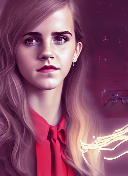 Prompt: portrait of teenage emma watson, long haircut, flowing blonde curly hair, white shirt, red tie, smiling kindly, soviet house at background, 1 9 8 0 s, intricate, elegant, glowing lights, highly detailed, digital painting, artstation, concept art, smooth, sharp focus, illustration, art by wlop, mars ravelo and greg rutkowski