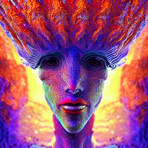 Image similar to Face of a Alien Deity, corals, plume made of fractals, extremly detailed digital painting, in the style of android jones, artwork of a futuristic artificial intelligence superstar, mystical colors, rim light, beautiful lighting, 8k, stunning scene, raytracing, octane, trending on artstation