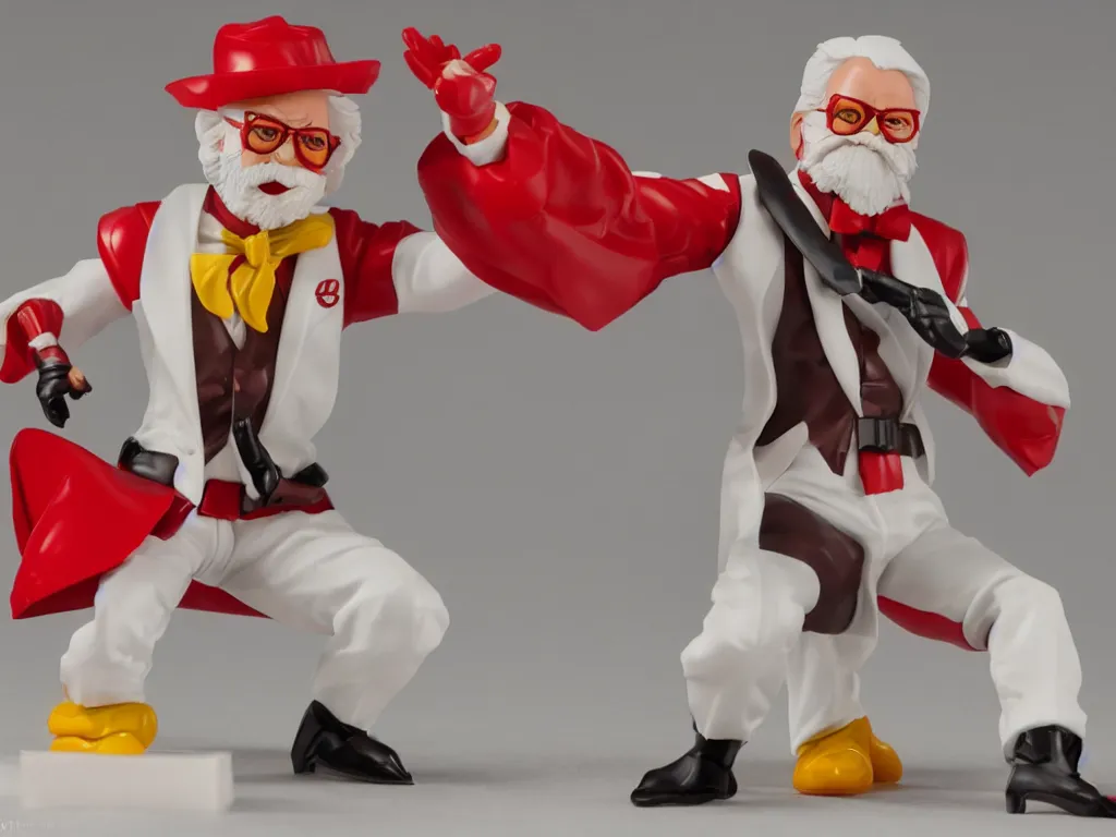 Prompt: A McDonald's happy meal toy of Colonel Sanders from KFC fighting Cyborg Ninjas, 4k, highly detailed. award winning. look at all that detail!