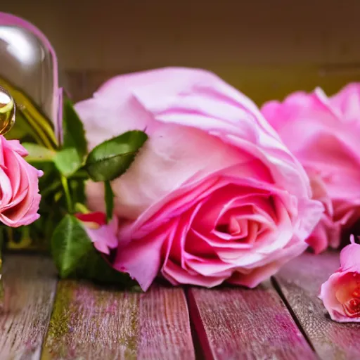 Image similar to perfume bottle surrounded by bouquet of artistic, luscious pink roses, romantic sparkly mist, soft femme, simple path traced, environment, up close shot