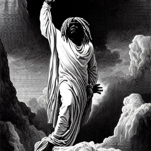 Image similar to cheef keef ascending into heaven holding stacks of cash, biblical image, style of gustave dore, highly detailed, beautiful, high contrast, black and white