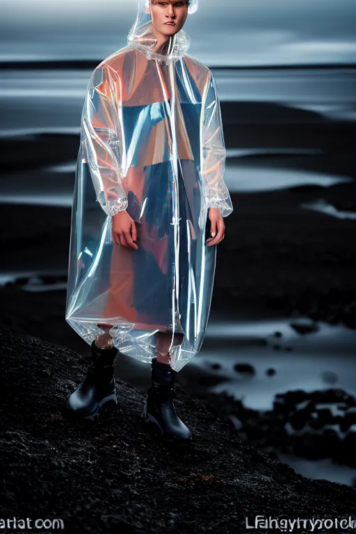 Image similar to an ultra high definition professional high fashion portrait studio full length photograph of a male model wearing a transparent pearlescent raincoat and neon visor in an icelandic black rock environment at dawn. no artefacts. extremely detailed. stark. refraction. shallow depth of field. volumetric light and shadow. ray tracing. light rays.