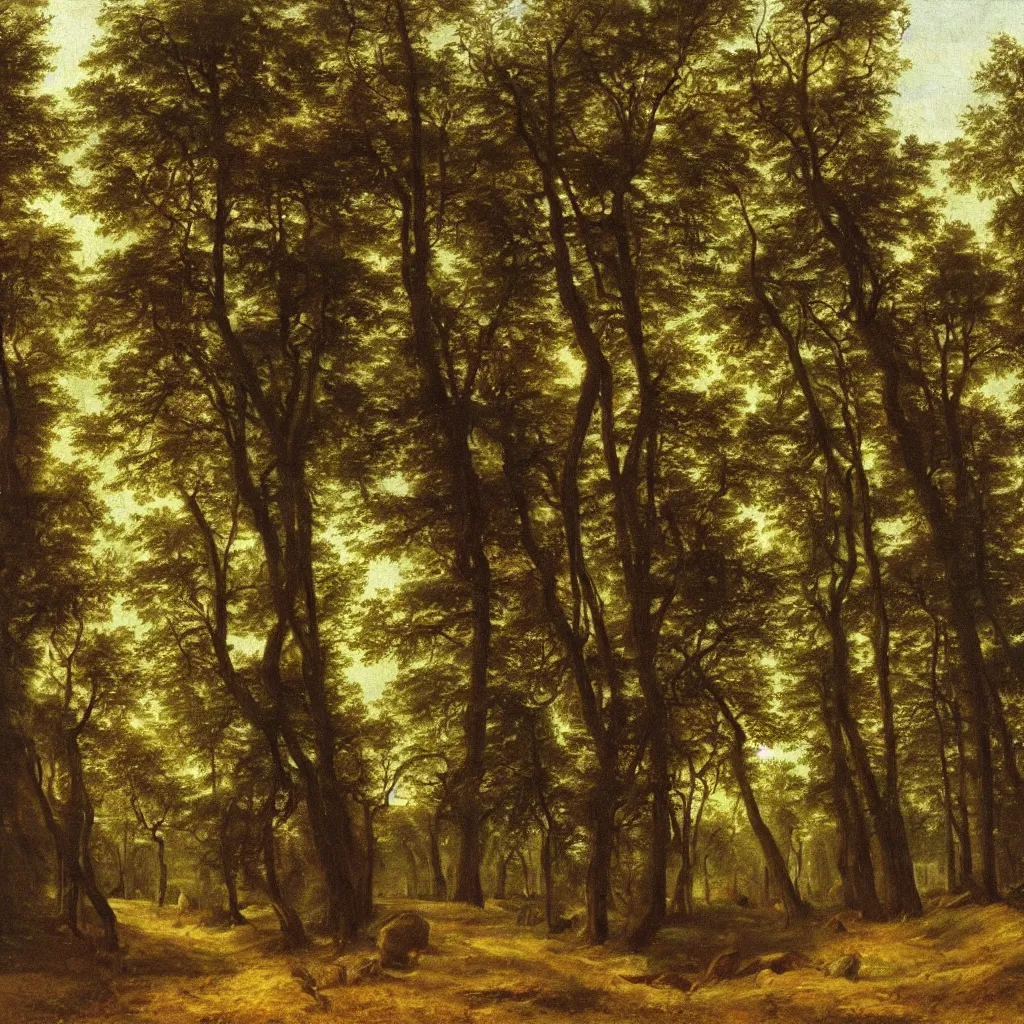 Prompt: a realistic oil painting of a forest at midday, dutch masters