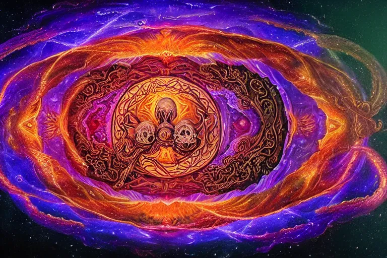 Image similar to a giant mandala of skulls and flesh with deep and intricate rune carvings and twisting lovecraftian tentacles emerging from a space nebula by dan mumford, twirling smoke trails, a twisting vortex of dying galaxies, collapsing stars, digital art, photorealistic, vivid colors, highly detailed, intricate