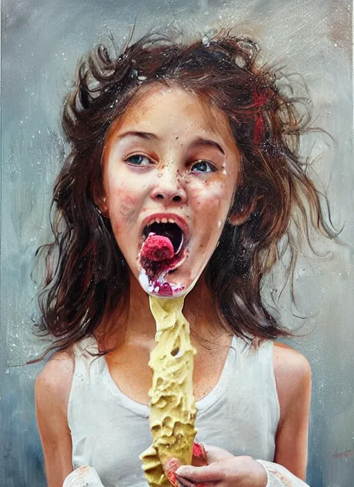 Prompt: portrait of a girl, icecream dripping down her, oil comes out of her mouth, hyper-realistic, high-tech