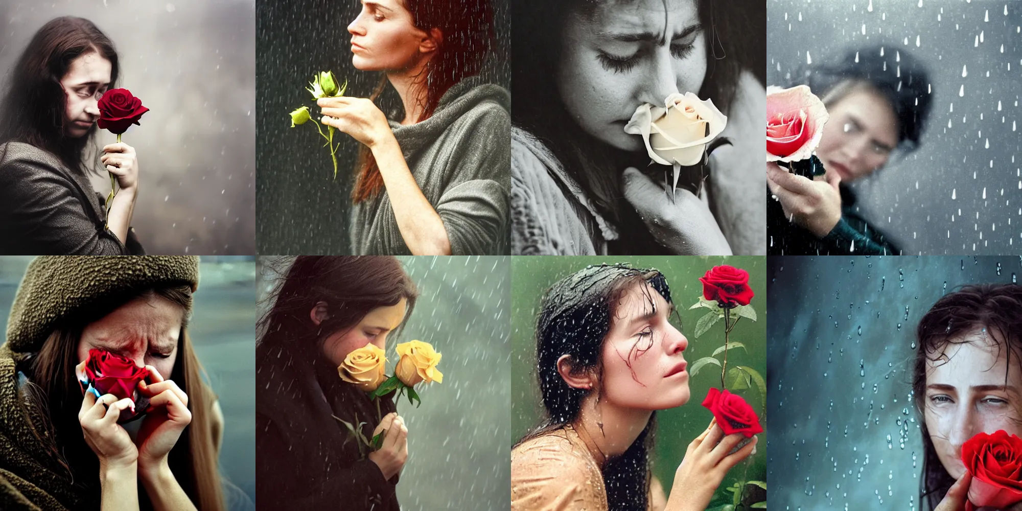 Prompt: a close - up of a young teary - eyed woman clutching a small rose in the rain!!!!!!!!!!, photorealistic, photo by annie leibovitz, moody