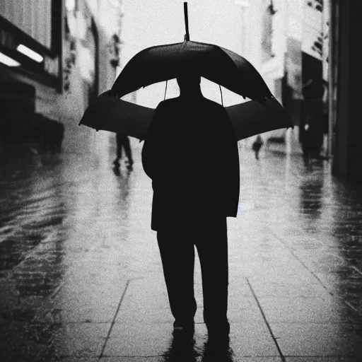 Prompt: a shadow figure holding an umbrella in tokyo, rainy, moody, 5 0 mm