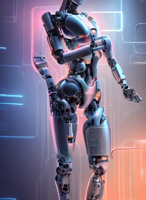 Image similar to photorealistic detailed full body picture of a female cyborg, pretty face, with head arms legs feet and hands, glamour pose, neon lights, humanoid, extreme, uhdr, book called the most influental cyborg in 2 0 5 0, fine details, highly detailed, intricate, smooth sharp focus, symmetrical features, environmental portrait, realistic render