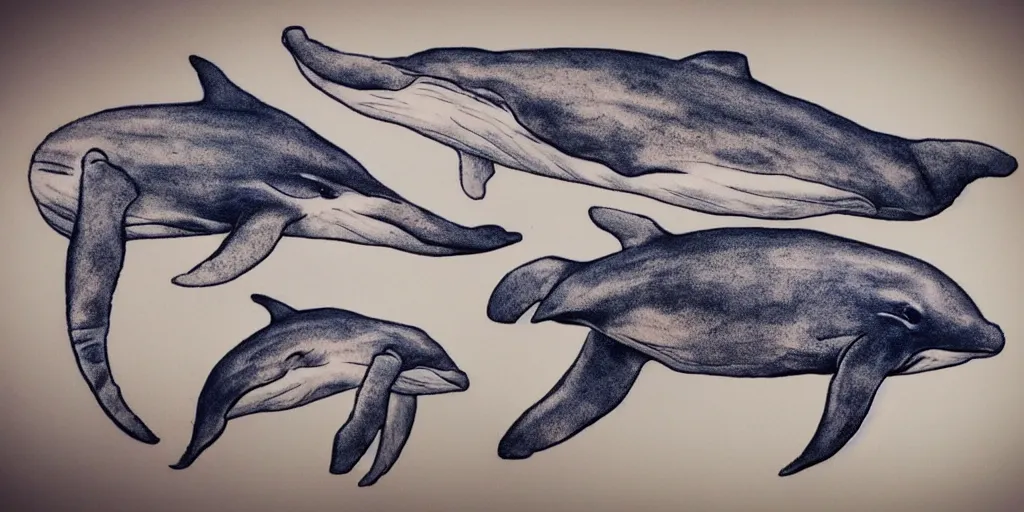 Image similar to realistic tattoo design drawn on paper of whales, golden, delicate, hyper realism, 1 4 5 0, ink, ultra realistic, 8 k