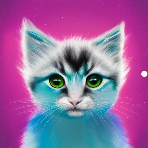 Prompt: cute fluffy kitten with purple cyan and white tabby fur and big eyes with night sky background detailed painting 4k