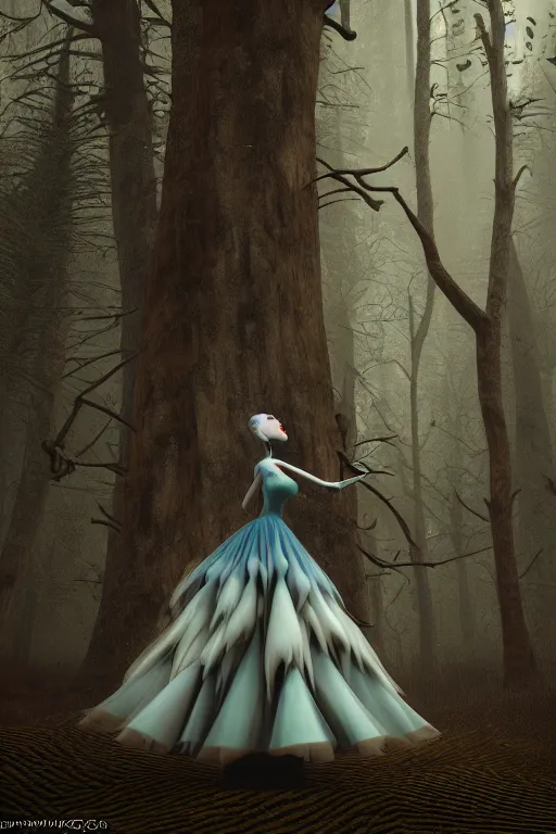 Prompt: Full body Woman wearing a dress inspired by Tim burton in a magical dream like forest. Fashion. Octane Render. 3D. V-Ray. Unreal engine 5. Cinematic Colour Grading. 35mm. f/1.8.