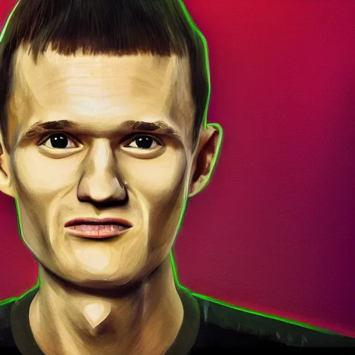 Image similar to Vitalik Buterin big head, painted by Mike Winkelmann