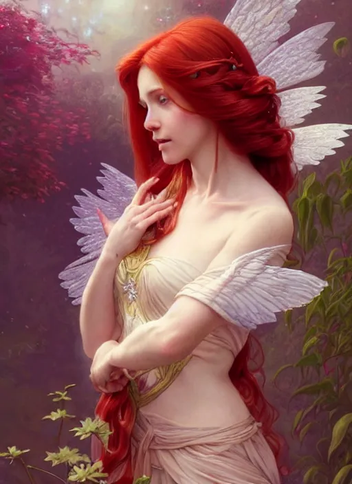 Image similar to a beautiful red haired woman as an angelic fairy princess in a garden, deep focus, d & d, fantasy, intricate, elegant, highly detailed, digital painting, artstation, concept art, matte, sharp focus, illustration, hearthstone, art by artgerm and greg rutkowski and alphonse mucha