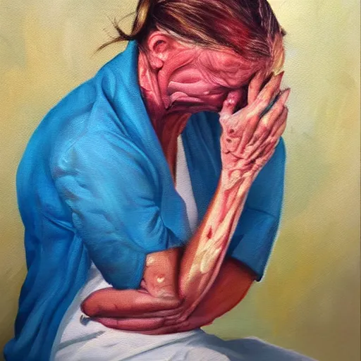 Image similar to Woman in pain after stubbing her toe badly, OUCH, hurting, oil painting, photorealism