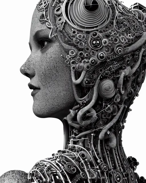 Image similar to mythical black and white organic bio-mechanical spinal ribbed profile face portrait detail of mechanical beautiful female angelic-vegetal-cyborg, highly detailed, intricate steampunk ornate, poetic, 3D render, digital art, octane render, 8K artistic photography, photo-realistic, by Dora Maar