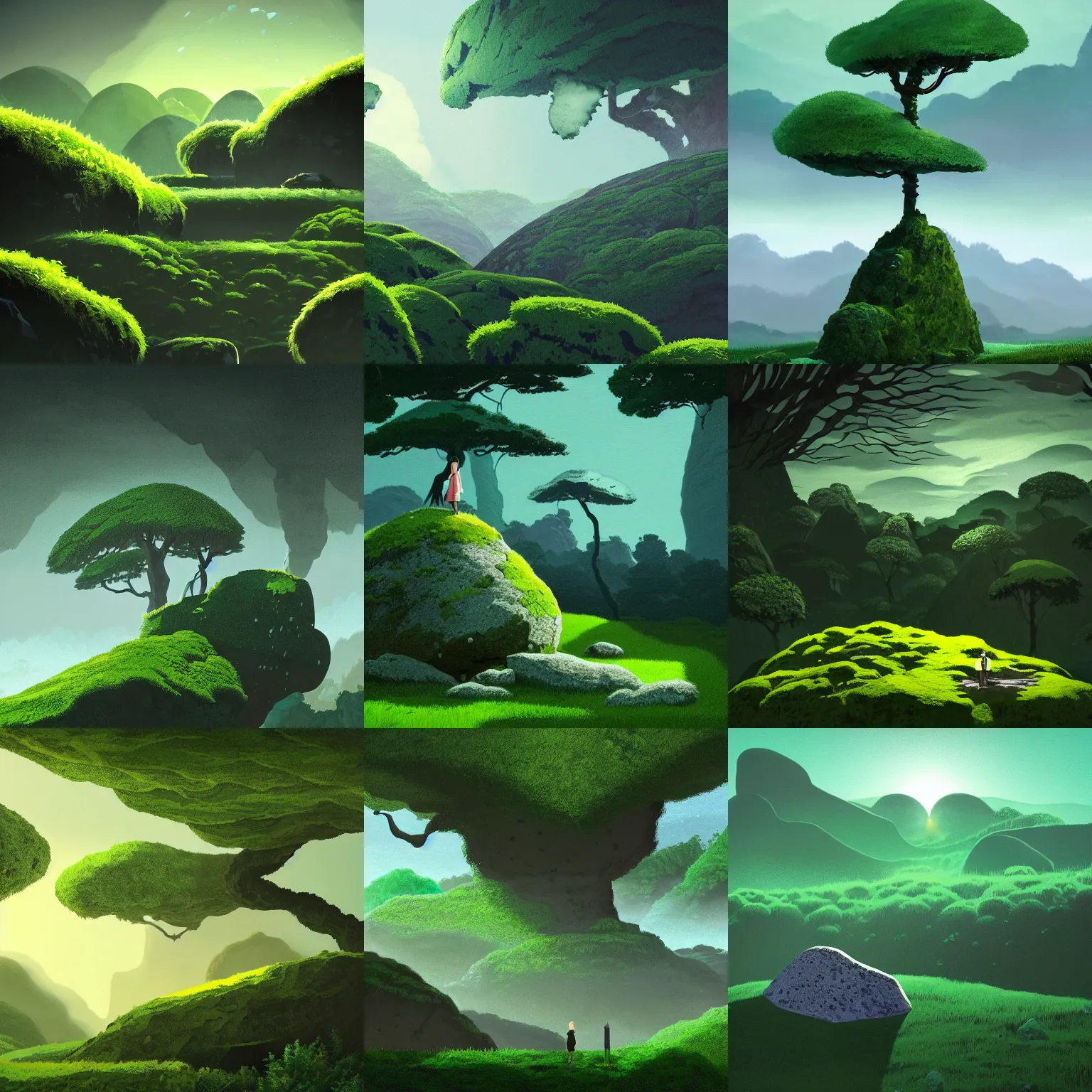 Prompt: a big stone covered with moss fly in the sky, in gentle green dawn light, sky background, eyvind earle, studio ghibli painting, cinematic lighting, volumetric lighting, smooth, sharp focus, highly detailed, render in unreal engine 5, artstation, deviantart, behance, trending, epic composition, octane, light rays, award - winning