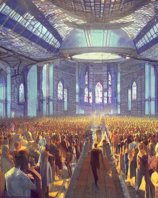 Prompt: craig mullins and glenn fabry digital illustration of a crowd in a futuristic church, strong contrast, priest, pews, ethereal, inviting, bright, raking light from stained glass windows, unreal engine, hyper realism, realistic shading, cinematic composition, realistic render, octane render, detailed textures, photorealistic, wide shot