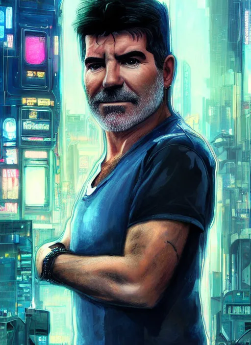 Image similar to portrait of Simon Cowell as a homeless character in Cyberpunk 2077, looking at camera, intricate, dystopian, sci-fi, extremely detailed, digital painting, artstation, concept art, smooth, sharp focus, illustration, intimidating lighting, incredible art by artgerm and greg rutkowski and alphonse mucha and simon stalenhag