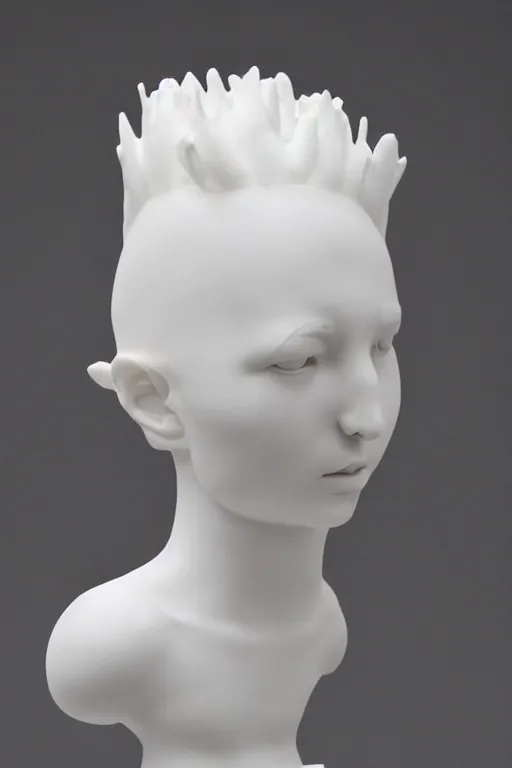 Image similar to full head and shoulders, beautiful female porcelain sculpture by daniel arsham and raoul marks, smooth, all white features on a white background, delicate facial features, white eyes, white lashes, detailed white, lots of 3 d giant axolotls on the head