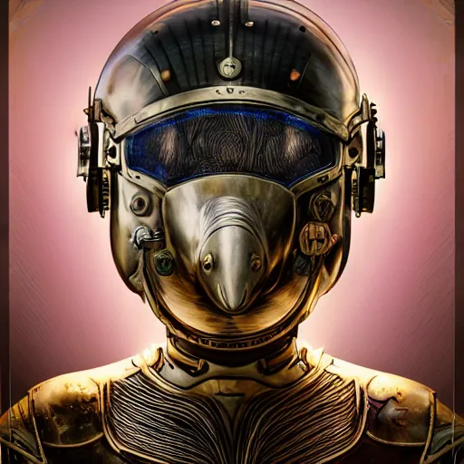 Image similar to dan mumford tom bagshaw, dream world curiosities carnival flying, photorealistic medium shot octane render of a single very beautiful thicc female helmet face full long cyberpunk metallic armored ornate, accurate features, focus, very intricate ultrafine details, award winning masterpiece, steampunk world spikes